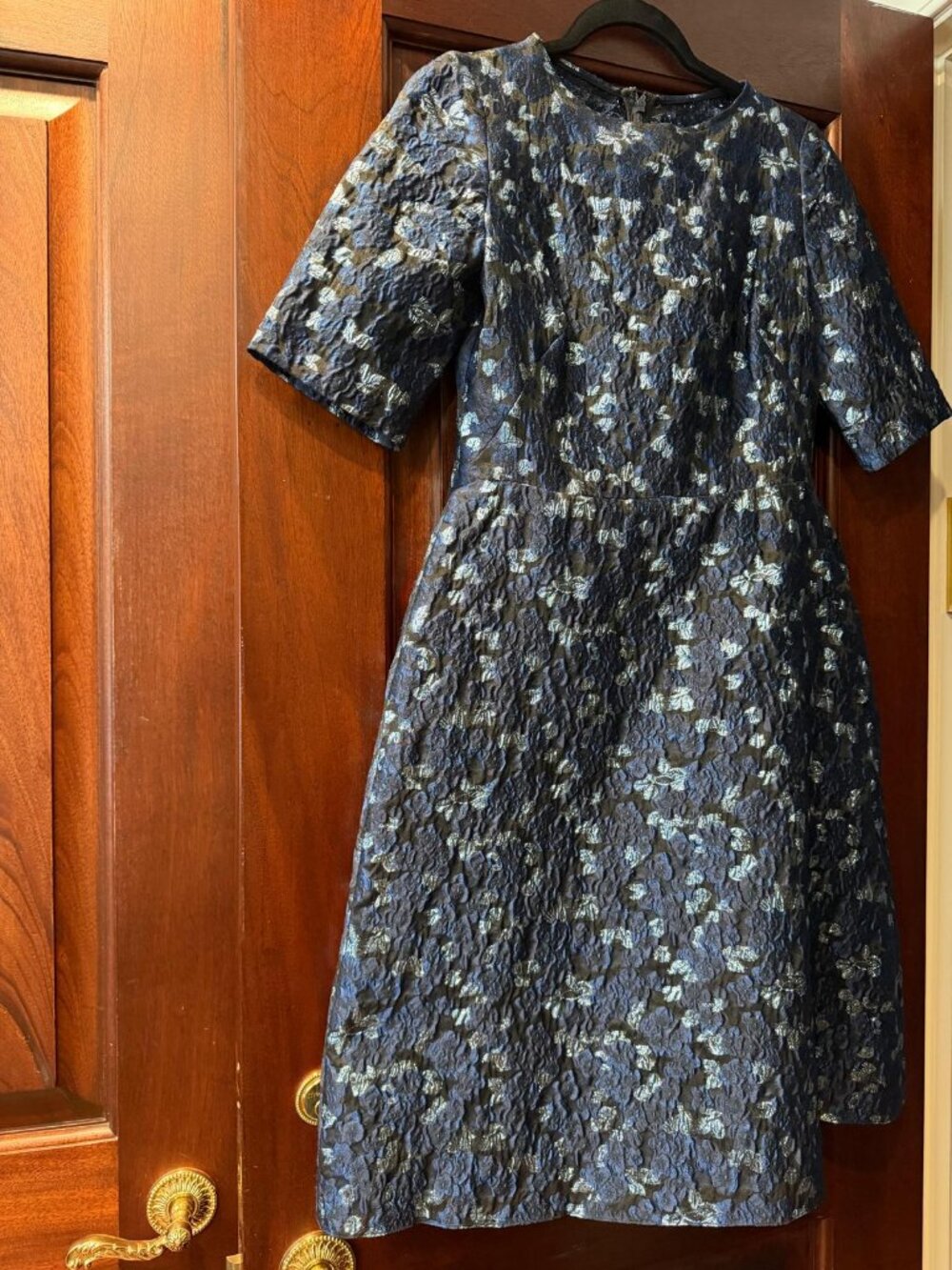 Lela Rose Navy Silver Metallic Floral Jacquard A-Line Dress Size 8